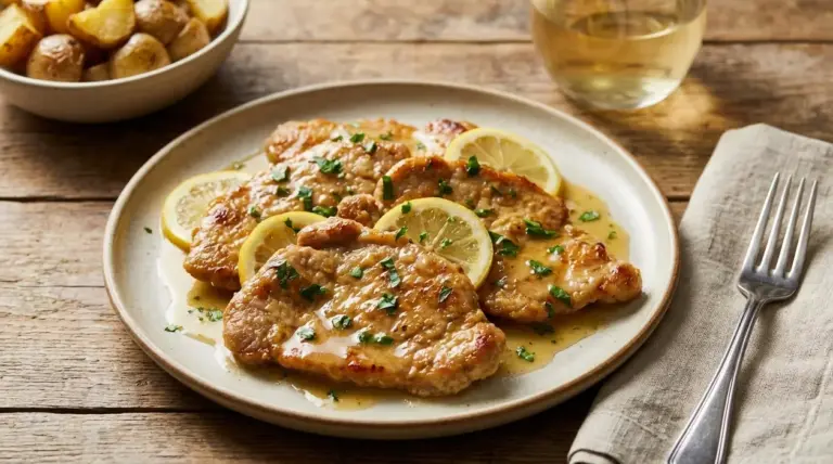 Scaloppine al limone in salsa cremosa con fette di limone e prezzemolo, servite su piatto con contorno di patate