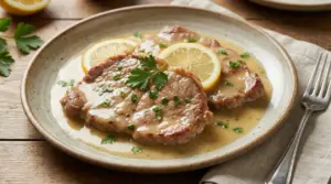 Scaloppine al limone servite con salsa cremosa e fette di limone su un piatto di ceramica