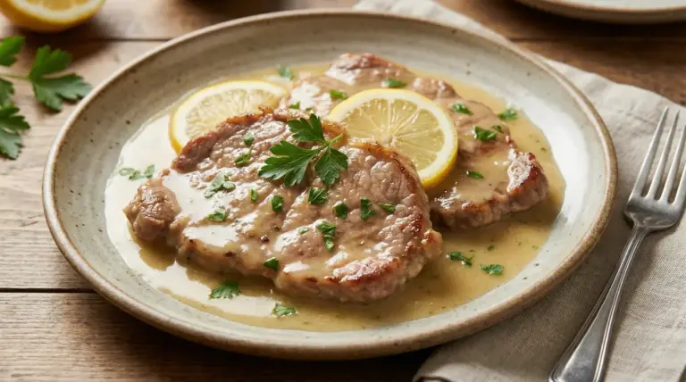 Scaloppine al limone servite con salsa cremosa e fette di limone su un piatto di ceramica