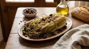 Scarola imbottita servita su un piatto rustico con olive, capperi e pinoli