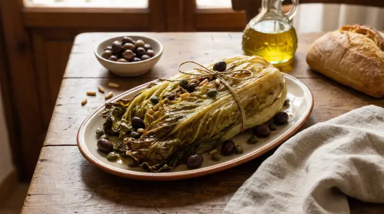 Scarola imbottita servita su un piatto rustico con olive, capperi e pinoli