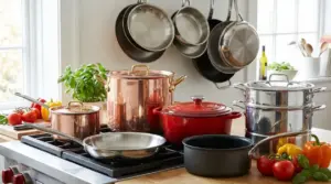 Batteria di pentole e padelle in rame, acciaio e ghisa su piano cottura, con verdure fresche in cucina