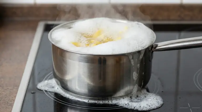 Pentola d'acqua che bolle sul piano cottura con schiuma che trabocca