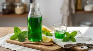Bottiglia e bicchiere di sciroppo alla menta con foglie di menta e spicchi di limone su tagliere di legno