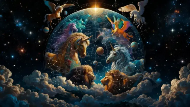 Rappresentazione astratta di segni zodiacali con creature mitologiche nello spazio stellato
