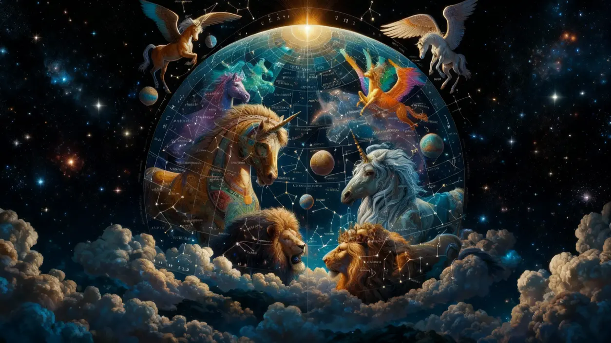 Rappresentazione astratta di segni zodiacali con creature mitologiche nello spazio stellato