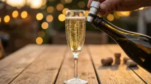 Un bicchiere di spumante frizzante versato da una bottiglia su un tavolo di legno all'aperto