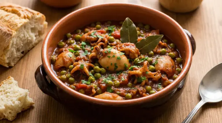 Ciotola di seppie in umido con piselli, servita con pane su un tavolo di legno