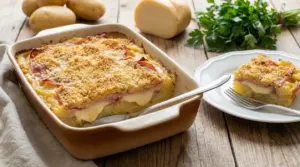 Sformato di patate con prosciutto e scamorza in teglia, con una porzione servita in un piatto bianco