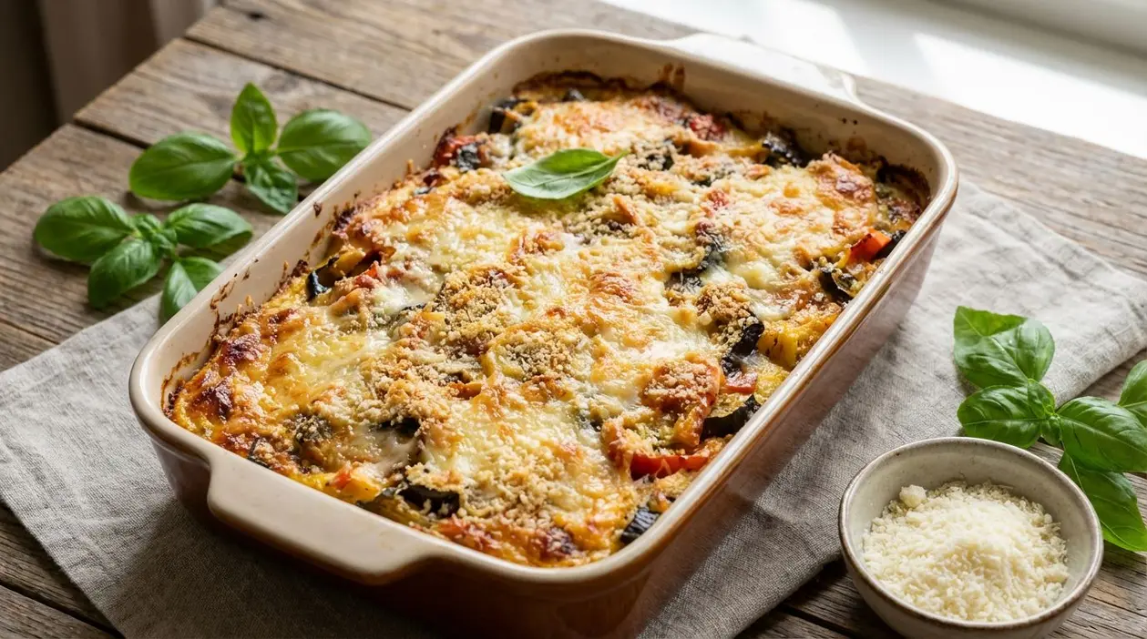 Sformato di verdure al forno con parmigiano in una teglia rettangolare su tavolo rustico