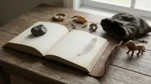 Oggetti su un tavolo rustico, tra cui un libro aperto, una piuma, una bussola e figure simboliche zodiacali