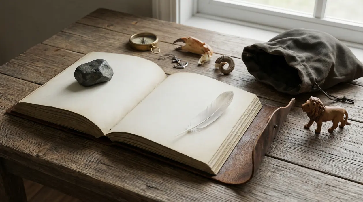 Oggetti su un tavolo rustico, tra cui un libro aperto, una piuma, una bussola e figure simboliche zodiacali
