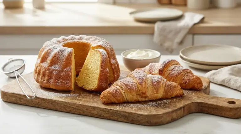 Ciambella soffice con fetta tagliata e cornetti spolverati di zucchero a velo su tagliere in cucina