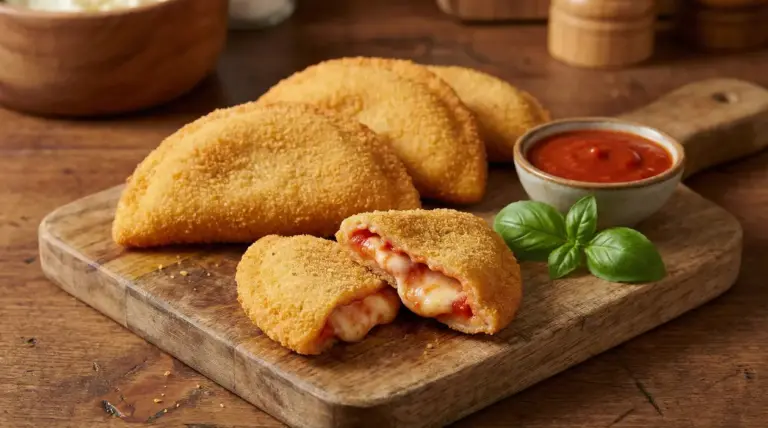 Sofficini fatti in casa dorati con ripieno filante di mozzarella e pomodoro, serviti con salsa e basilico su tagliere