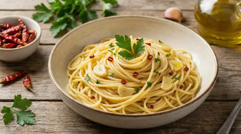 Piatto di spaghetti aglio, olio e peperoncino con prezzemolo fresco