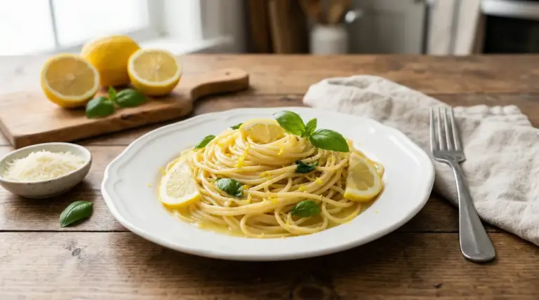 Piatto di spaghetti al limone con fette di limone e foglie di basilico su un tavolo in legno