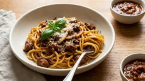 Spaghetti alla chitarra con sugo di cinghiale, scaglie di formaggio e basilico in piatto su tavolo di legno