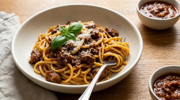 Spaghetti alla chitarra con sugo di cinghiale, scaglie di formaggio e basilico in piatto su tavolo di legno