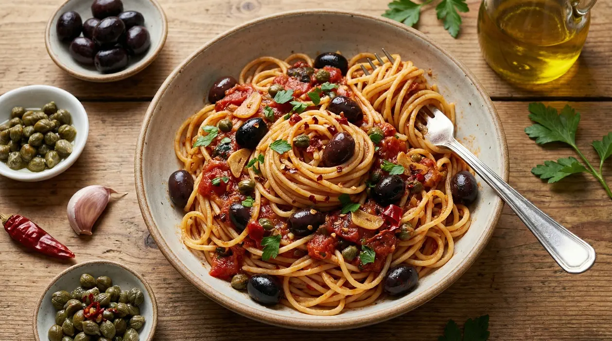 Piatto di spaghetti alla puttanesca con olive nere, capperi e pomodoro su tavolo rustico