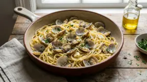 Spaghetti alle vongole serviti in una ciotola rustica con prezzemolo fresco