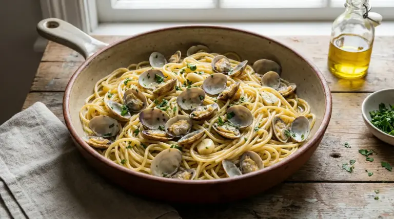 Spaghetti alle vongole serviti in una ciotola rustica con prezzemolo fresco