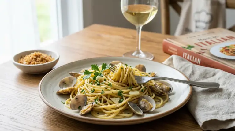 Piatto di spaghetti alle vongole servito su un tavolo con calice di vino bianco