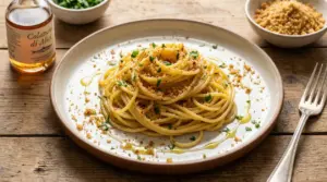 Piatto di spaghetti con colatura di alici, pangrattato e prezzemolo su un tavolo rustico