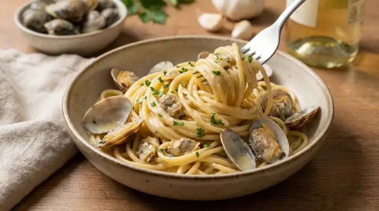 Piatto di spaghetti con le vongole cremosi, con forchetta che avvolge la pasta e vongole nel guscio
