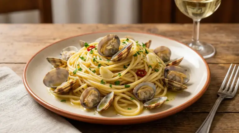 Piatto di spaghetti con vongole veraci, aglio, prezzemolo e peperoncino su tavolo rustico