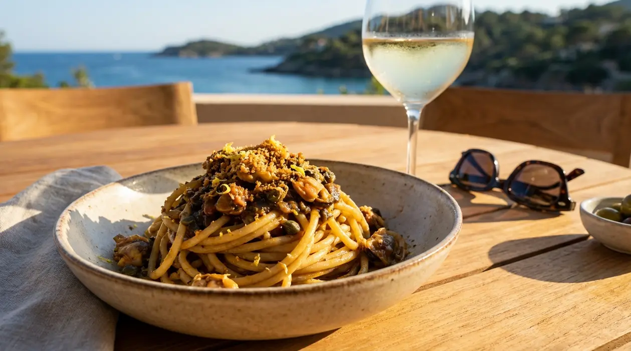 Piatto di spaghettone gourmet servito all’aperto con calice di vino bianco e vista mare