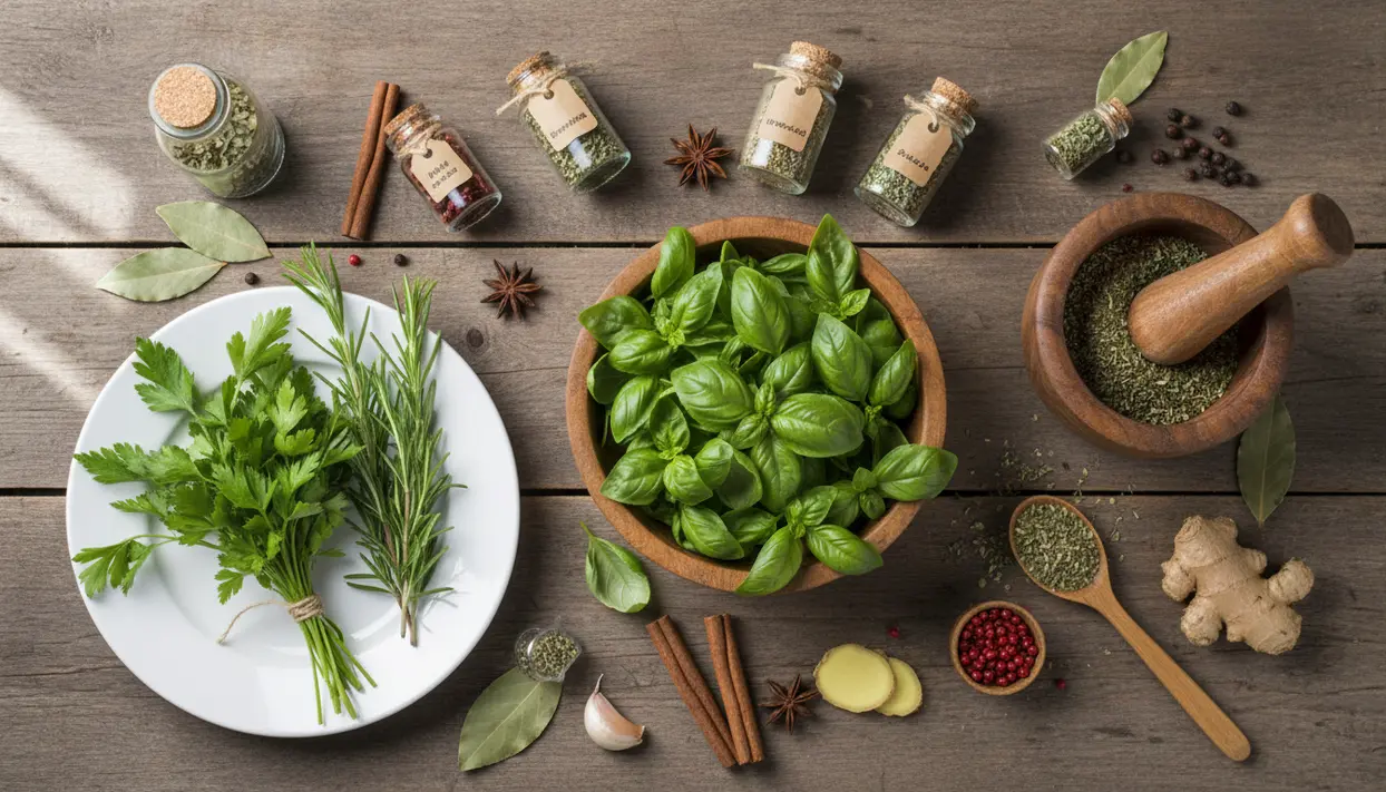 Erbe aromatiche e spezie assortite su tavolo di legno, con basilico fresco, rosmarino e mortaio con erbe essiccate