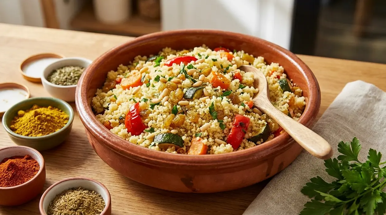 Cous cous con verdure, uvetta e pinoli in ciotola di terracotta, con spezie in ciotoline sul tavolo