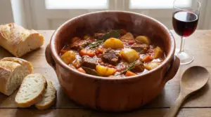 Spezzatino di manzo con patate servito in una casseruola di terracotta accanto a pane e vino rosso