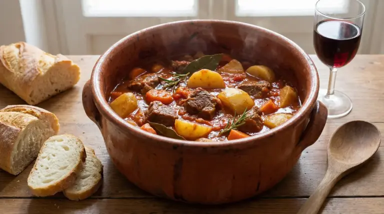 Spezzatino di manzo con patate servito in una casseruola di terracotta accanto a pane e vino rosso