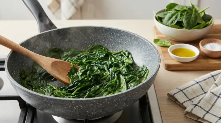 Spinaci in padella con cucchiaio di legno, cottura veloce su fornello