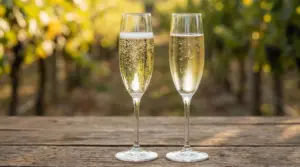 Due calici di vino spumante a confronto su un tavolo di legno, con vigneto sfocato sullo sfondo