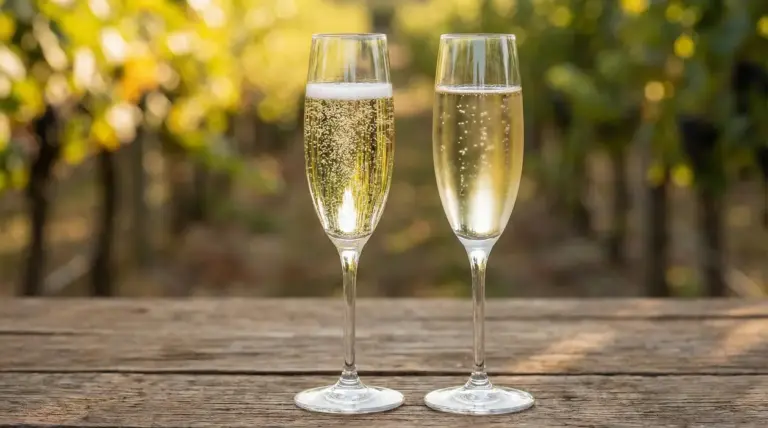 Due calici di vino spumante a confronto su un tavolo di legno, con vigneto sfocato sullo sfondo