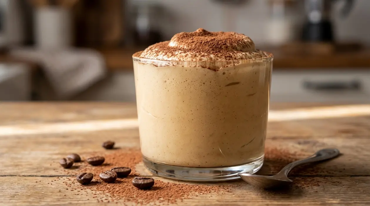 Spumone al caffè cremoso in bicchiere di vetro, spolverato di cacao, con chicchi di caffè su tavolo in legno