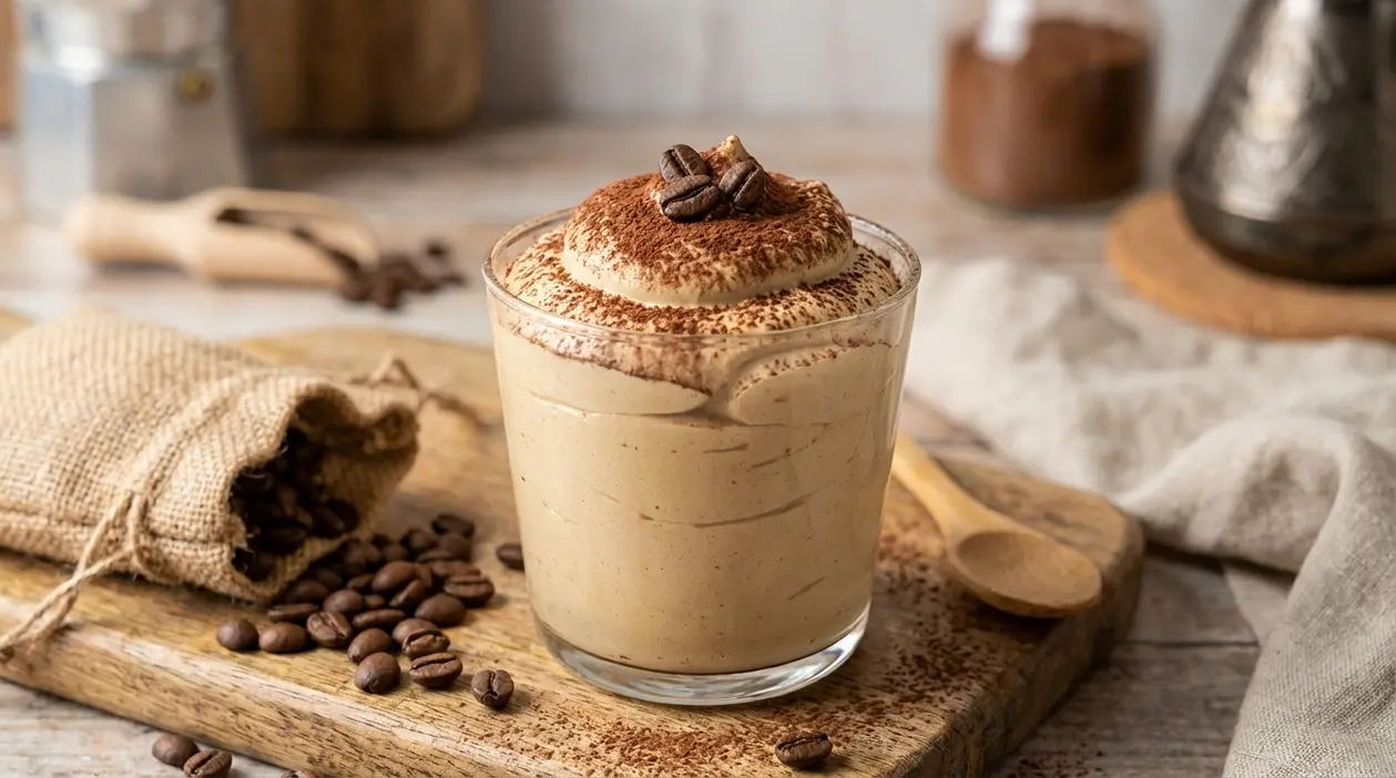 Bicchiere di spumone al caffè cremoso con cacao e chicchi di caffè su tagliere di legno