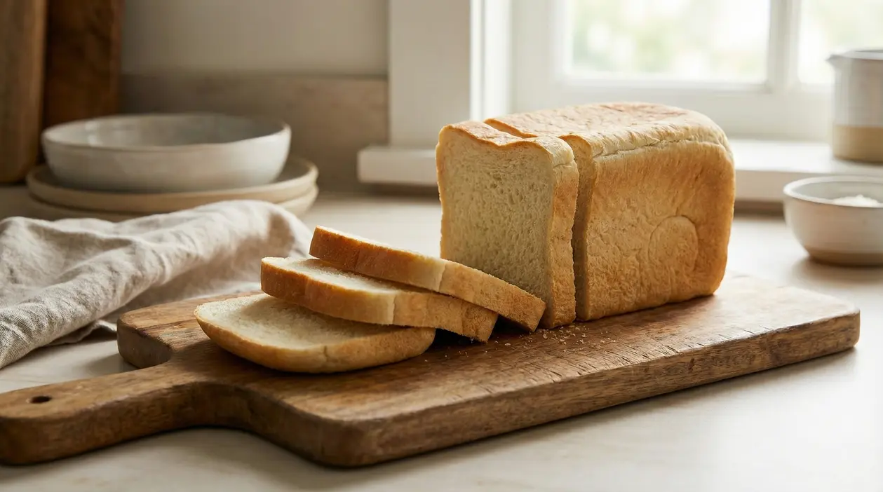 Pagnotta di pancarrè con fette tagliate su tagliere di legno in cucina, illuminata dalla luce di una finestra