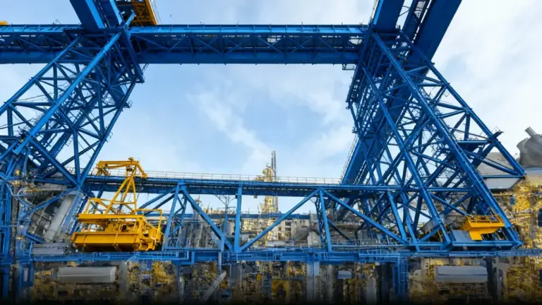Struttura industriale in acciaio blu con macchinari gialli su sfondo di cielo azzurro