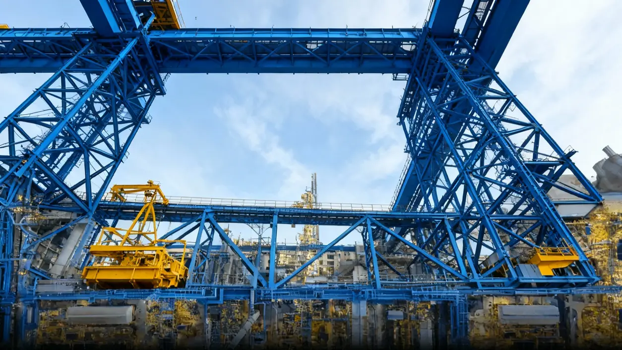 Struttura industriale in acciaio blu con macchinari gialli su sfondo di cielo azzurro
