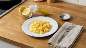 Piatto di uova strapazzate con pepe su tavolo di legno, accanto a limoni e spremiagrumi