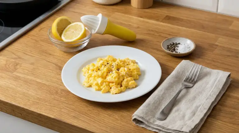 Piatto di uova strapazzate con pepe su tavolo di legno, accanto a limoni e spremiagrumi