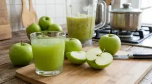 Bicchiere di succo di mela verde fatto in casa con mele fresche, frullatore e tagliere in cucina