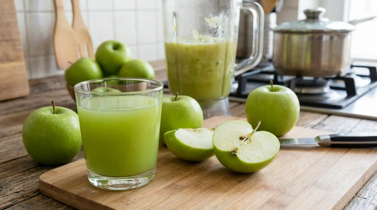 Bicchiere di succo di mela verde fatto in casa con mele fresche, frullatore e tagliere in cucina