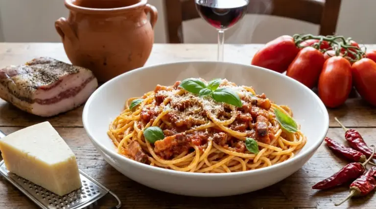 Piatto di spaghetti all’amatriciana con sugo di pomodoro e guanciale, guarniti con basilico su tavolo rustico