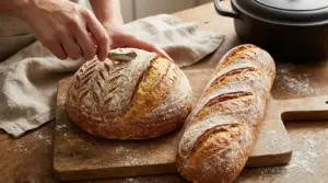 Mani incidono una pagnotta con tagli decorativi accanto a un filone di pane appena sfornato