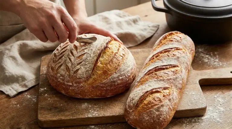 Mani incidono una pagnotta con tagli decorativi accanto a un filone di pane appena sfornato
