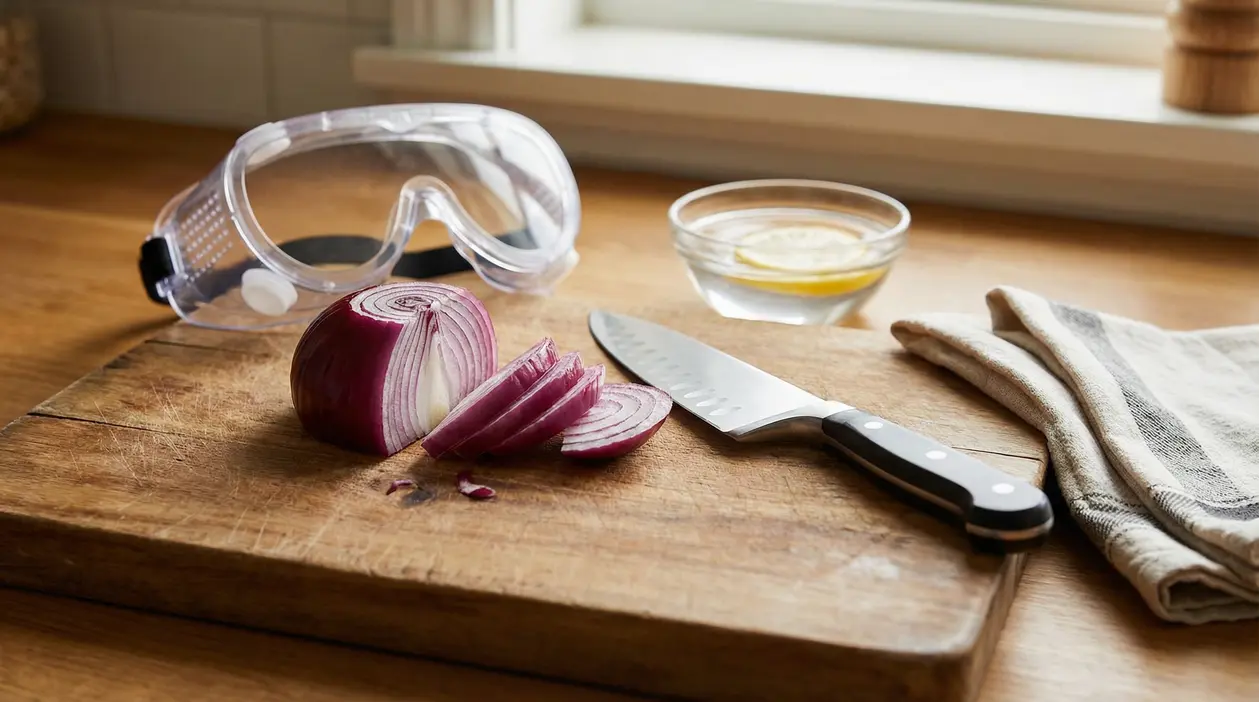 Cipolla rossa affettata su tagliere con coltello, occhiali protettivi e ciotola d’acqua in cucina